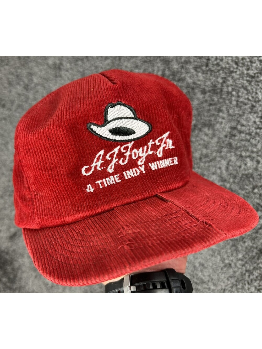 Vintage A.J. Foyt Jr. 4 Time Indy Winner Red Corduroy Snapback Hat Cap Racing